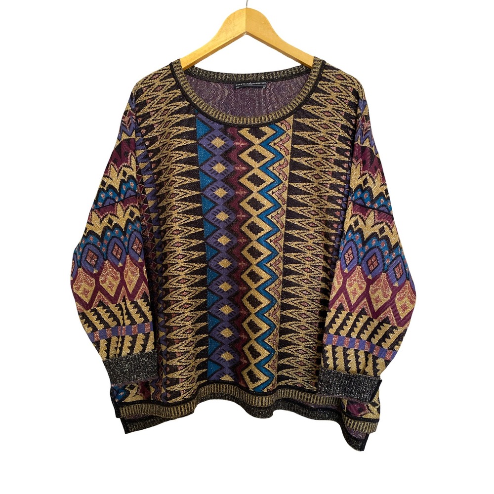 Peruvian Connection Pima Cotton Metallic Geometric Knit Sweater XXL Luxe Gold